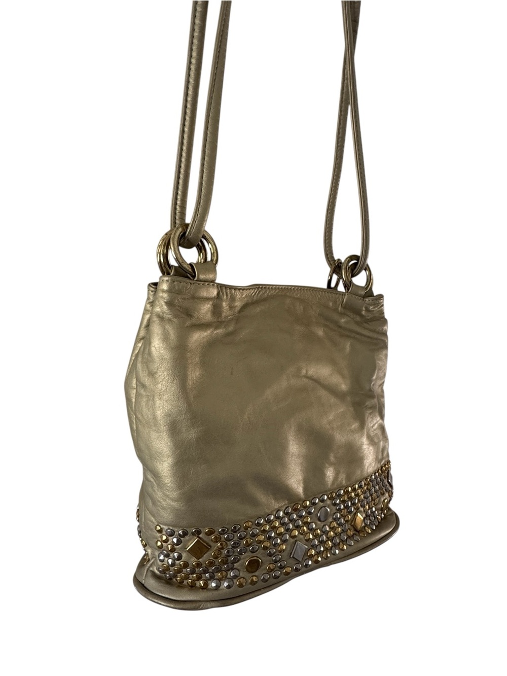 80s Vintage Metallic Gold Studded Leather Crossbody Bag Good Condition.
